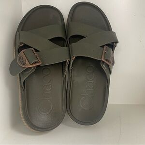 Chaco Olive Green Cross-Strap Slide Sandals with Brown Buckles
